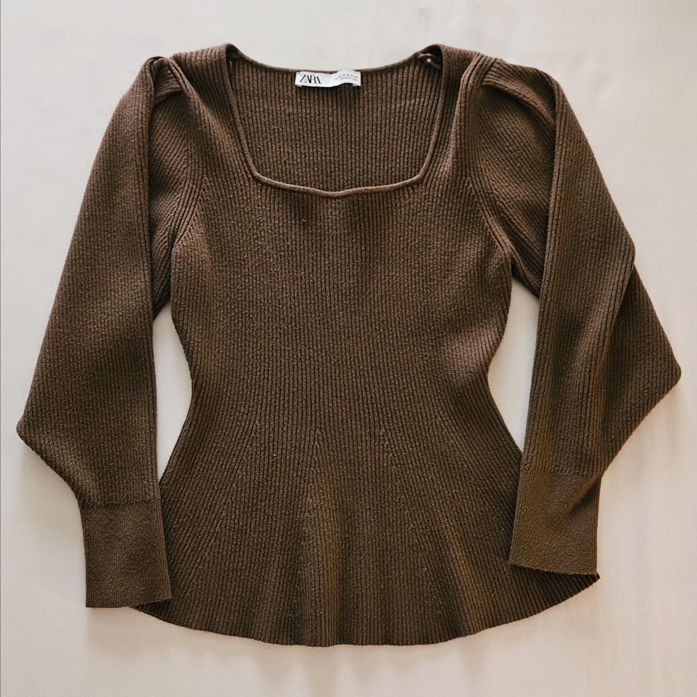 Olive Brown Ribbed Knit Sweater
